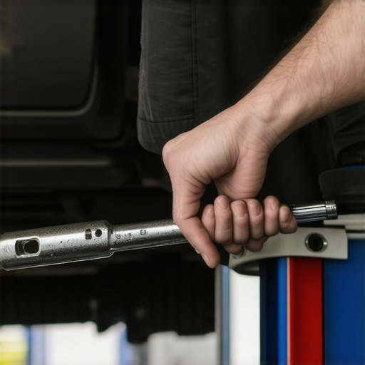 Mechanic torquing suspension bolts with the vehicle weight on the wheels to prevent bushing damage.