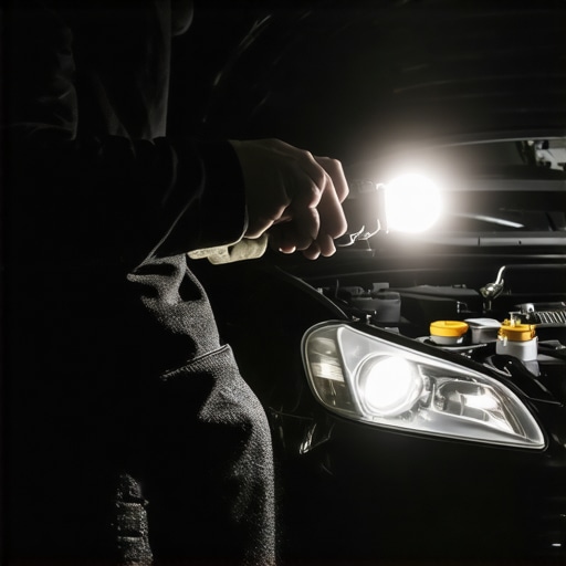 DIY Diagnostic for Car Fuel Leaks Inspecting fuel injectors with a flashlight to find gas leaks on a cold engine.
