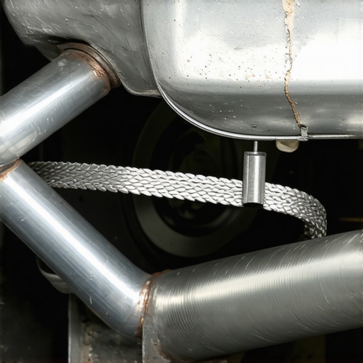 A stainless steel clamp securing a rattling car heat shield to an exhaust pipe.