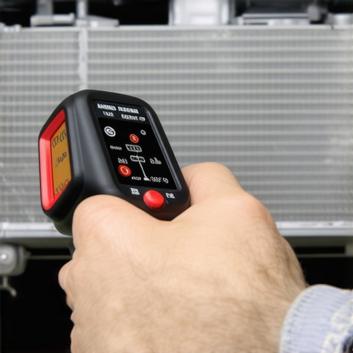Mechanic using a digital IR thermometer to check for cold spots on a car radiator.