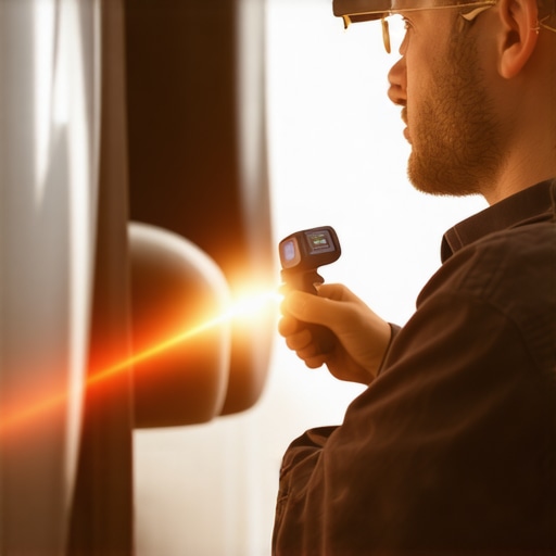 Infrared thermometer being used on a car exhaust to check for clogs