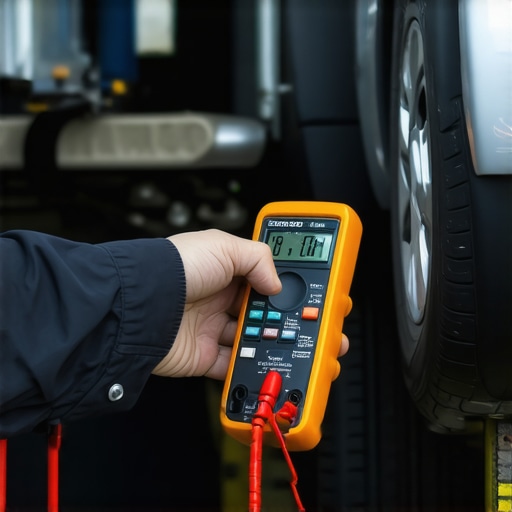 Close-up of a mechanic testing a corroded car ground strap using a digital multimeter to find electrical issues.