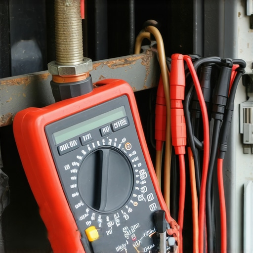 Diagnosing electrical ground issues in a modern car engine Close-up of a multimeter testing a corroded ground wire in a car