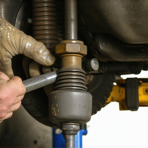 Mechanic inspecting a worn car ball joint for damage