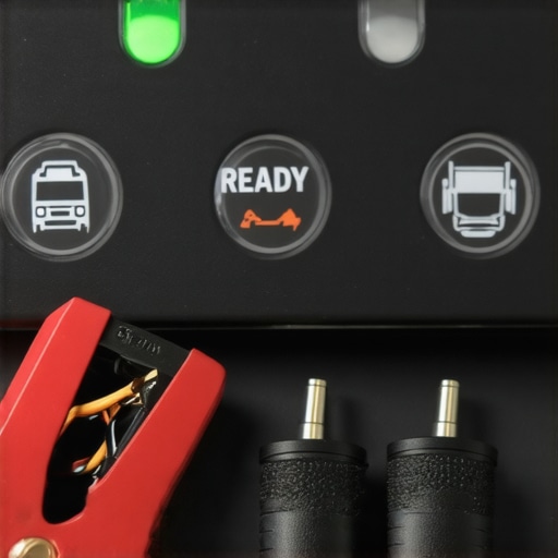 Close up of a hybrid car's digital display showing the green ready indicator while jumpstarting.