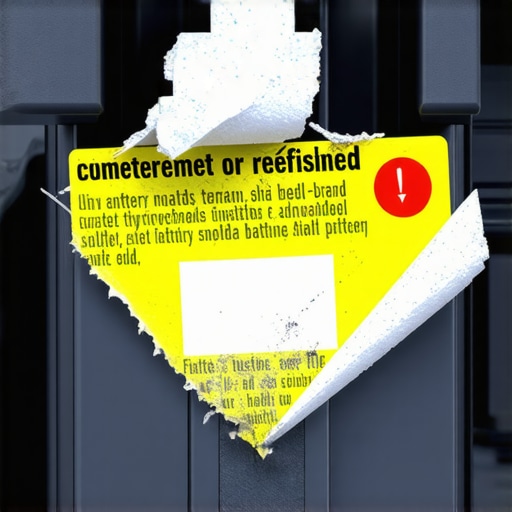 Close up of peeling labels and scuffed lead terminals on a fake car battery.