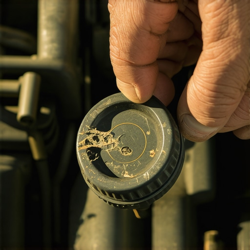 A worn-out radiator cap with a damaged seal being inspected to diagnose engine bubbling issues.