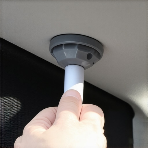 Inspecting a car sun visor hinge for wear Close-up of a car sun visor hinge showing the pivot point and mounting arm.