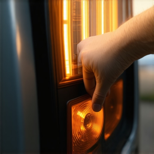 Mechanic's hand reaching for a turn signal bulb inside a car trunk to fix a fast blinking light.