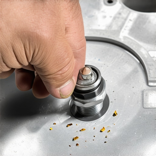A mechanic installing a self-tapping oil drain plug to fix stripped threads in an aluminum oil pan.
