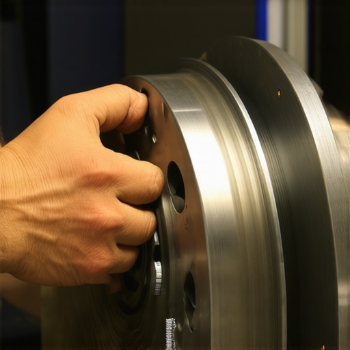A mechanic measuring lateral runout on a car brake rotor to ensure a silent ride.