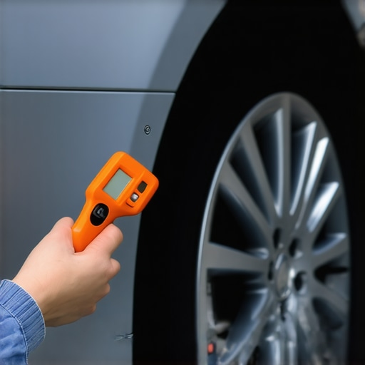 Infrared thermometer pointing at a car wheel hub to check for excessive heat from a bad bearing