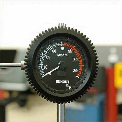 A digital dial indicator tool being used to check the runout of a car wheel hub to fix vibrations.