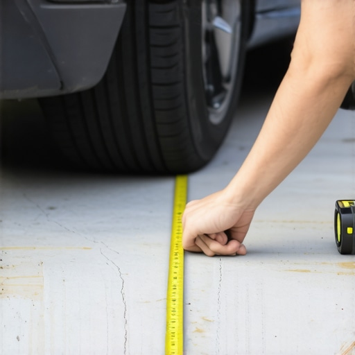 A person measuring the wheelbase of a car with a tape measure to check for frame damage.