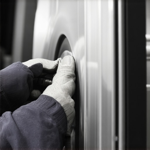 A mechanic uses a dial indicator tool to check for warping on a car's brake rotor.