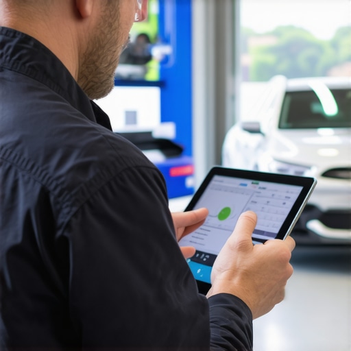 Professional auto technician using a digital scanner to diagnose shifting problems via the car computer