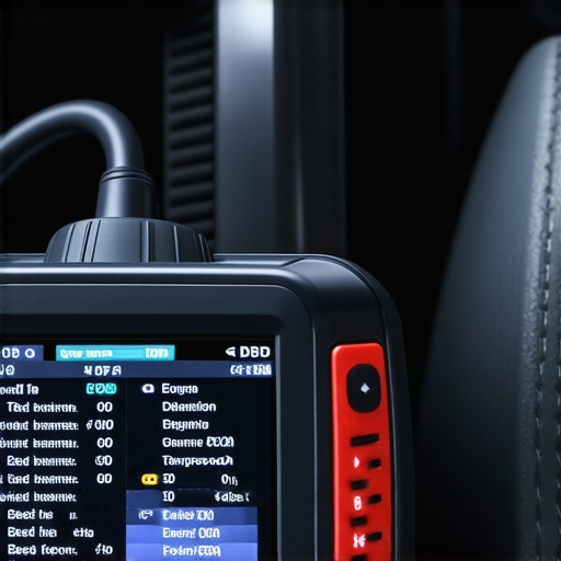 Close up of an OBD2 scanner displaying engine data in a car interior.