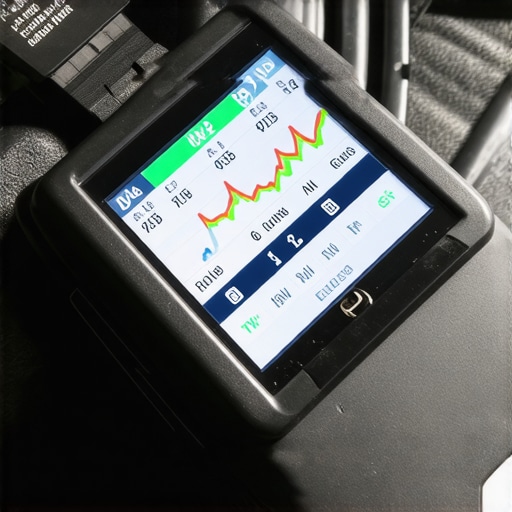 A digital OBD2 diagnostic tool connected to a vehicle dashboard showing live data graphs for engine health.