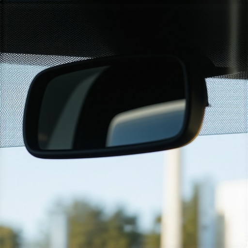 Internal view of a car windshield showing the camera sensors used for lane assist and automatic braking.