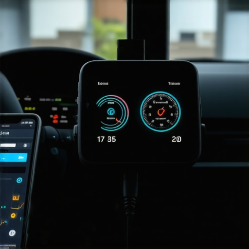 A smartphone showing live car diagnostic data next to an OBD-II port scanner.