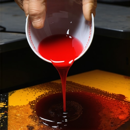 Close up of fresh red transmission fluid being poured next to old dark fluid
