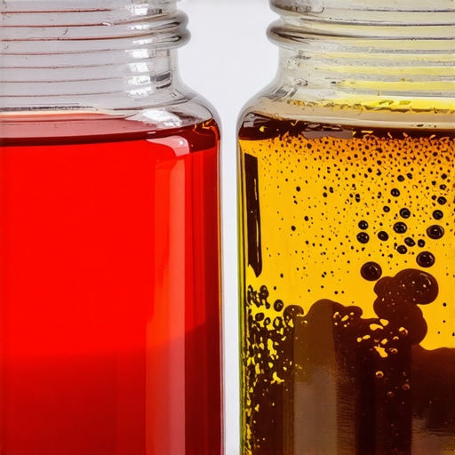 Comparison of clean red transmission fluid and dirty old brown transmission fluid in glass jars