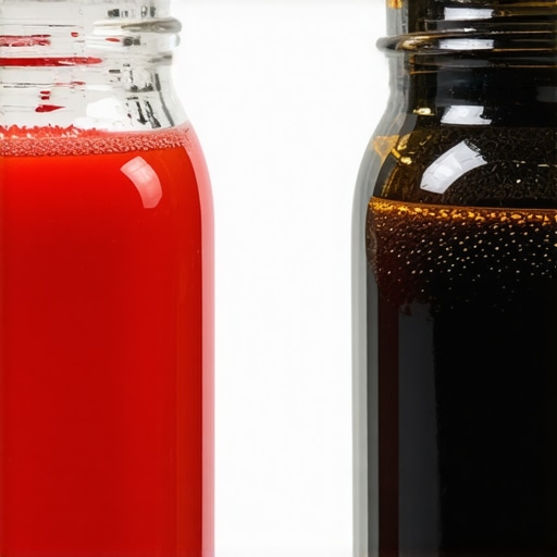 Comparison of clean red transmission fluid and dirty black fluid to show degradation.