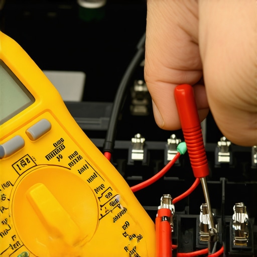 Close-up of a technician using a multimeter to check for parasitic battery drain on an automotive fuse panel.