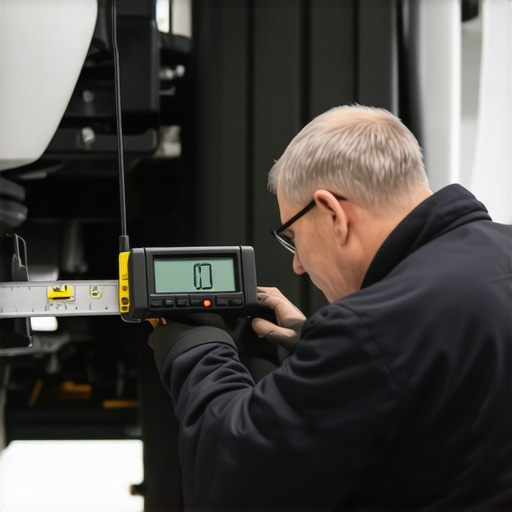 Mechanic measuring car frame for structural damage after a collision