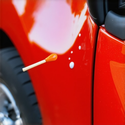 A hand using a toothpick to apply paint to a car scratch for a professional DIY repair.