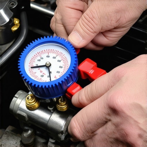 Close-up of manifold gauges being used to diagnose car air conditioning system pressures