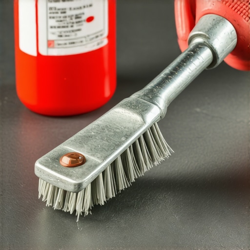 A metal wire brush cleaning a car battery post to ensure a strong electrical connection.