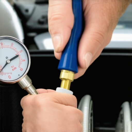 A mechanic testing a car's cooling system pressure with a manual pump kit.