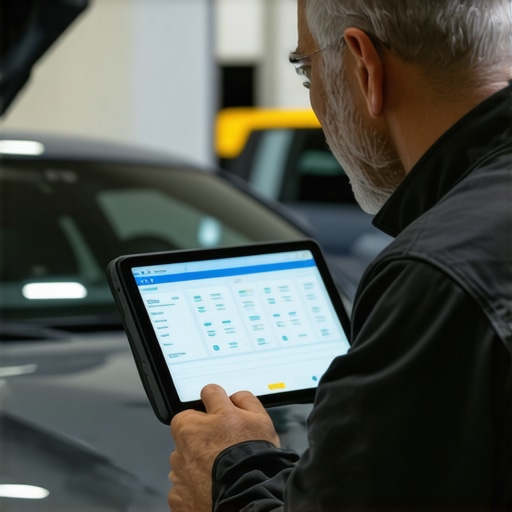 Technician using a bidirectional scanner to calibrate vehicle safety systems.