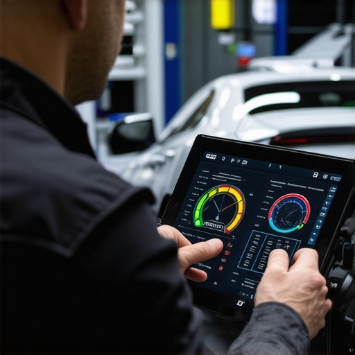 A technician using a bidirectional scanner to diagnose a vehicle's computer system.