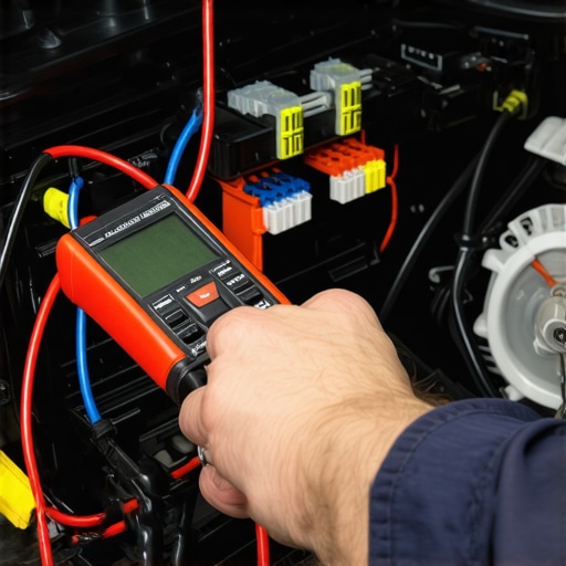 Mechanic using a Power Probe and multimeter to diagnose car electrical issues in the engine bay fuse box.