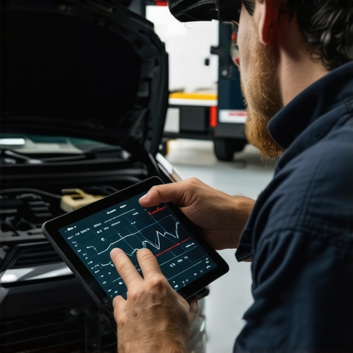 A mechanic checking engine sensor data on a tablet to diagnose high idle issues.
