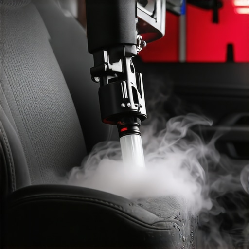 Detailer using a steam extractor on an oily car seat
