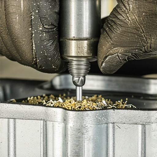 A mechanic using a thread repair kit to install a steel sleeve into a stripped aluminum oil pan.