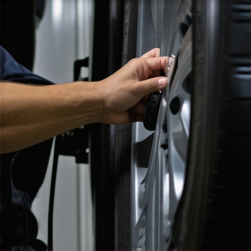 Mechanic using a wheel balancing machine to fix car vibrations.