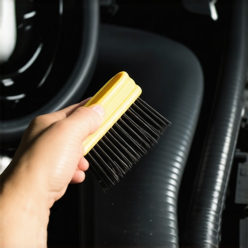 Close up of a person using a detailing brush on a clean car engine bay components.