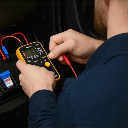 Professional multimeter diagnosis for electrical parasitic drain Mechanic using a multimeter on a vehicle fuse box to find electrical faults
