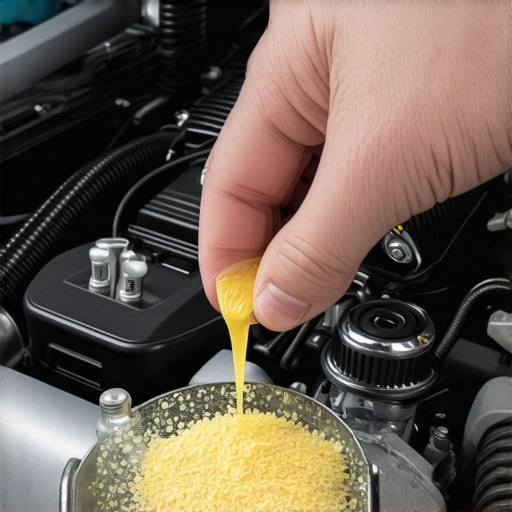 A mechanic pouring high-mileage oil additive into a car engine.
