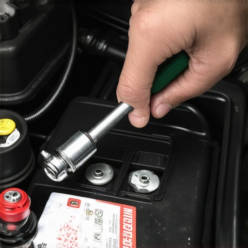 Mechanic carefully tightening a car battery terminal with a torque wrench to prevent lead post damage.