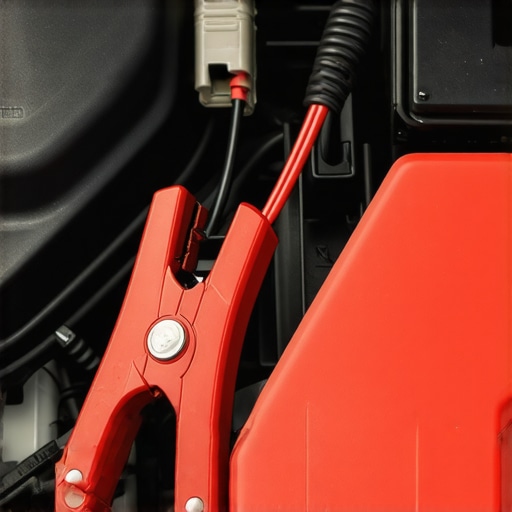 Red jumper cable connected to a hybrid car positive terminal