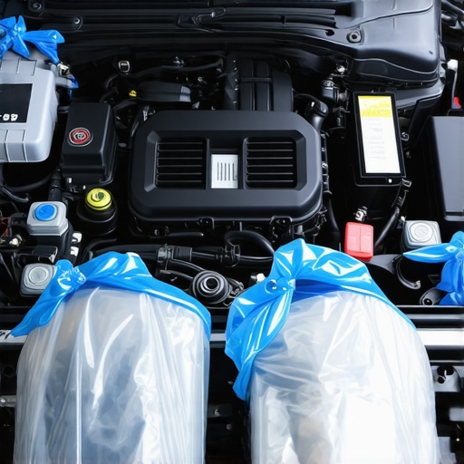 Engine bay components wrapped in plastic for safety during detailing.