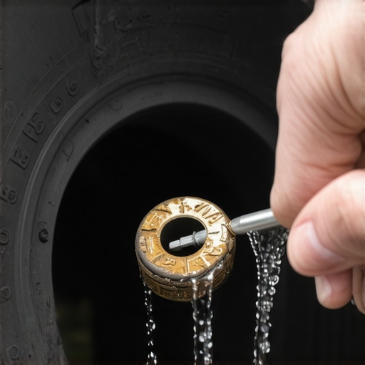 A hand using a screwdriver to clear a rubber drain grommet in a car spare tire well.