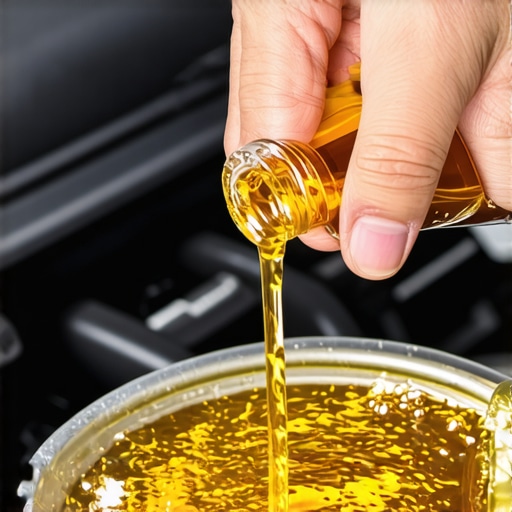Fresh transmission fluid being poured into a vehicle to maintain gear health.
