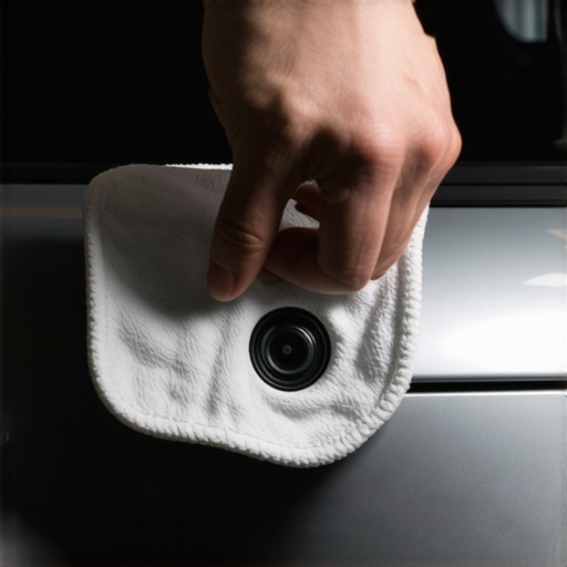 Restoring a cloudy backup camera lens with polish Close up of person polishing a foggy car backup camera lens with a cloth