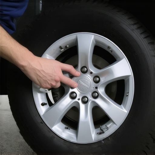 A mechanic inspecting a wheel weight on a car rim to fix steering wheel vibration.